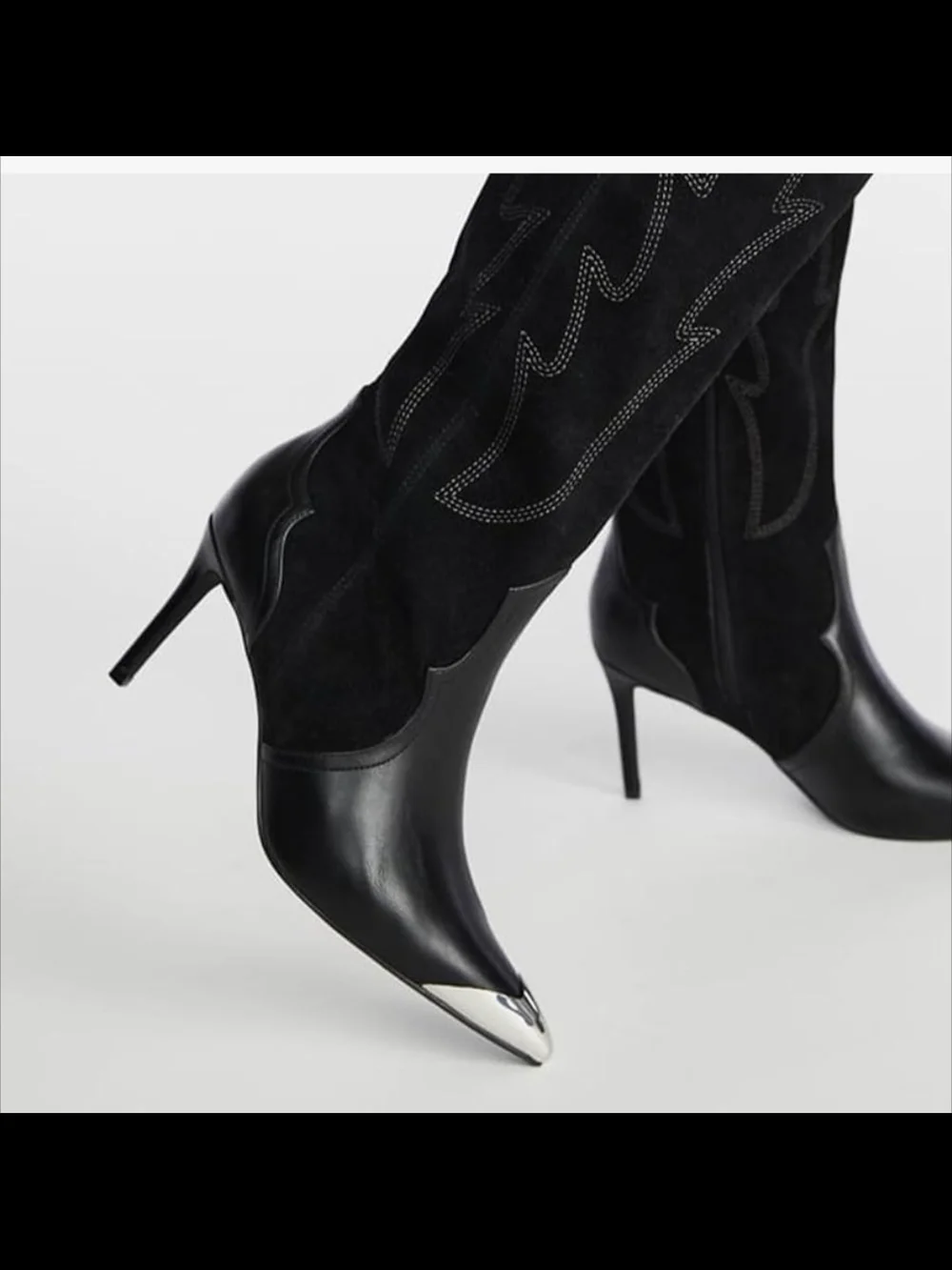 Women Steel Pointed Toe Cap Knee High Boots Embroidery Stiletto Black Heels 6.5
